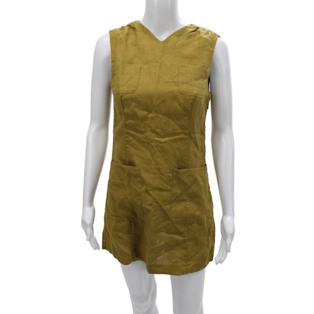Doen Womens Tank Dress Tan V Neck Sleeveless Linen Knee Length Size XS